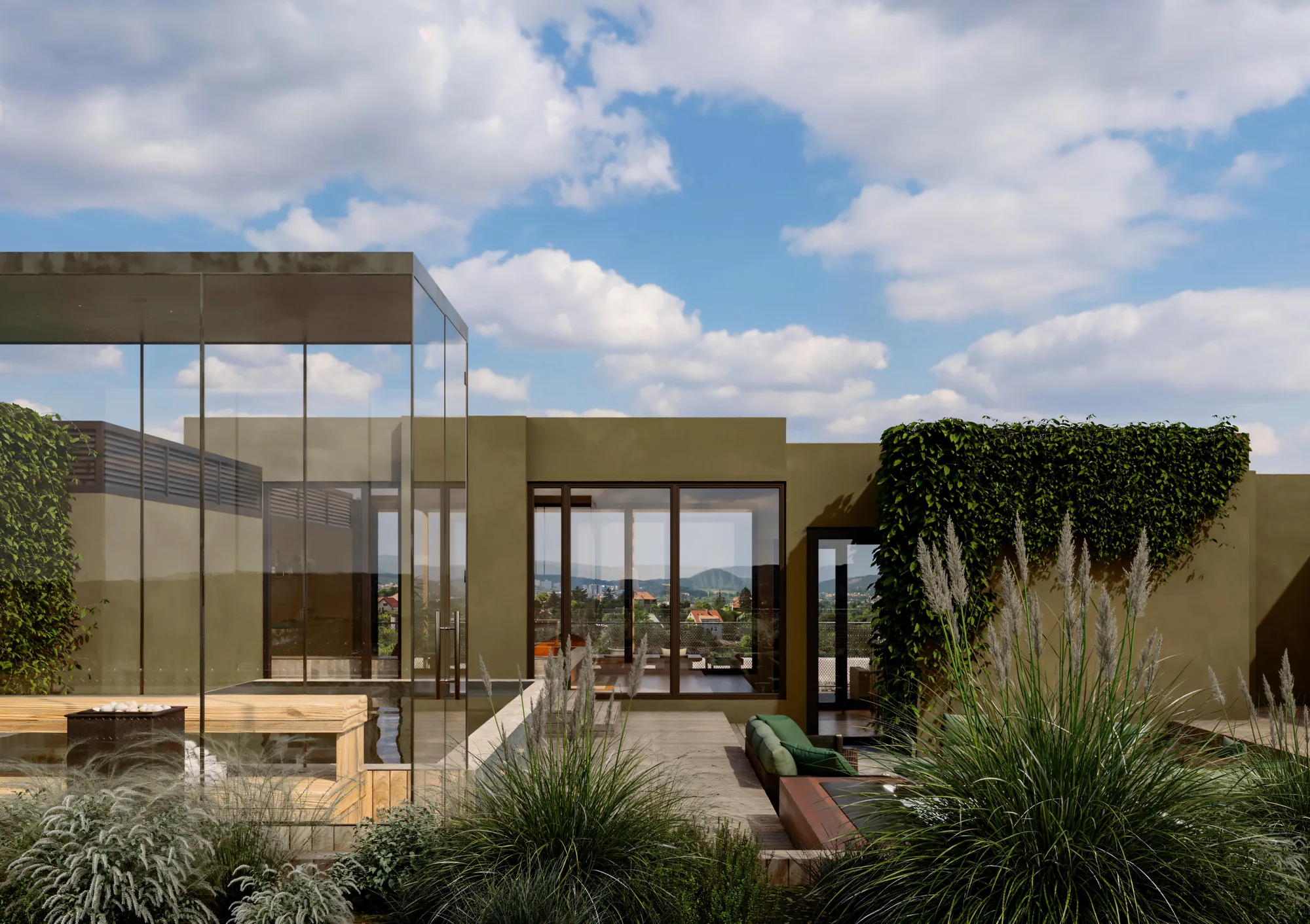 Penthouse Vanguard — střešní zahrada a terasa s výhledem na pražské vrchy