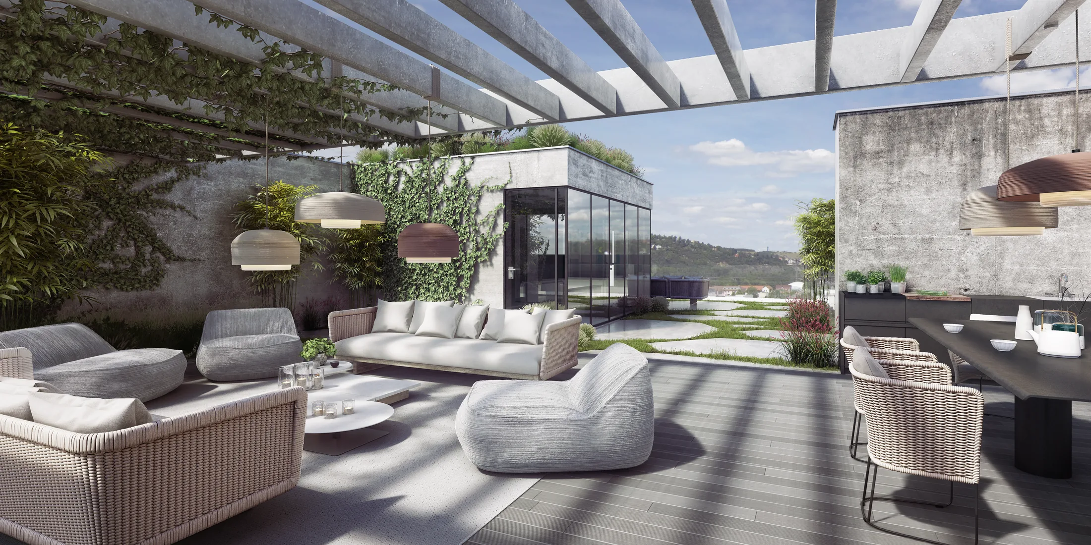 Penthouse Vanguard — střešní terasa s pergolou a zelenou stěnou